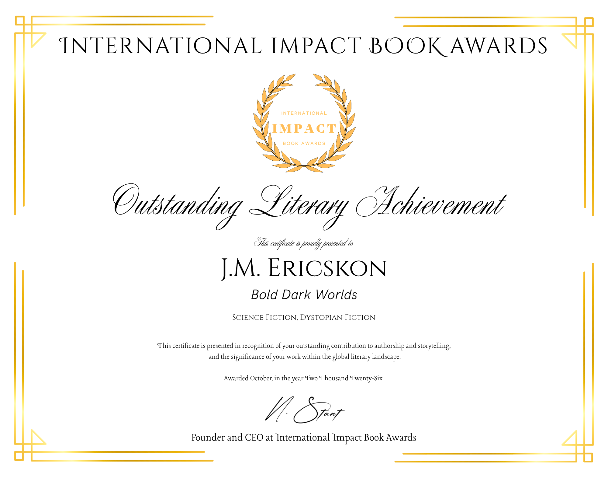 International Impact Book Awards 2027 — Distinguished Author certificate for J.M. Erickson, Bold Dark Worlds