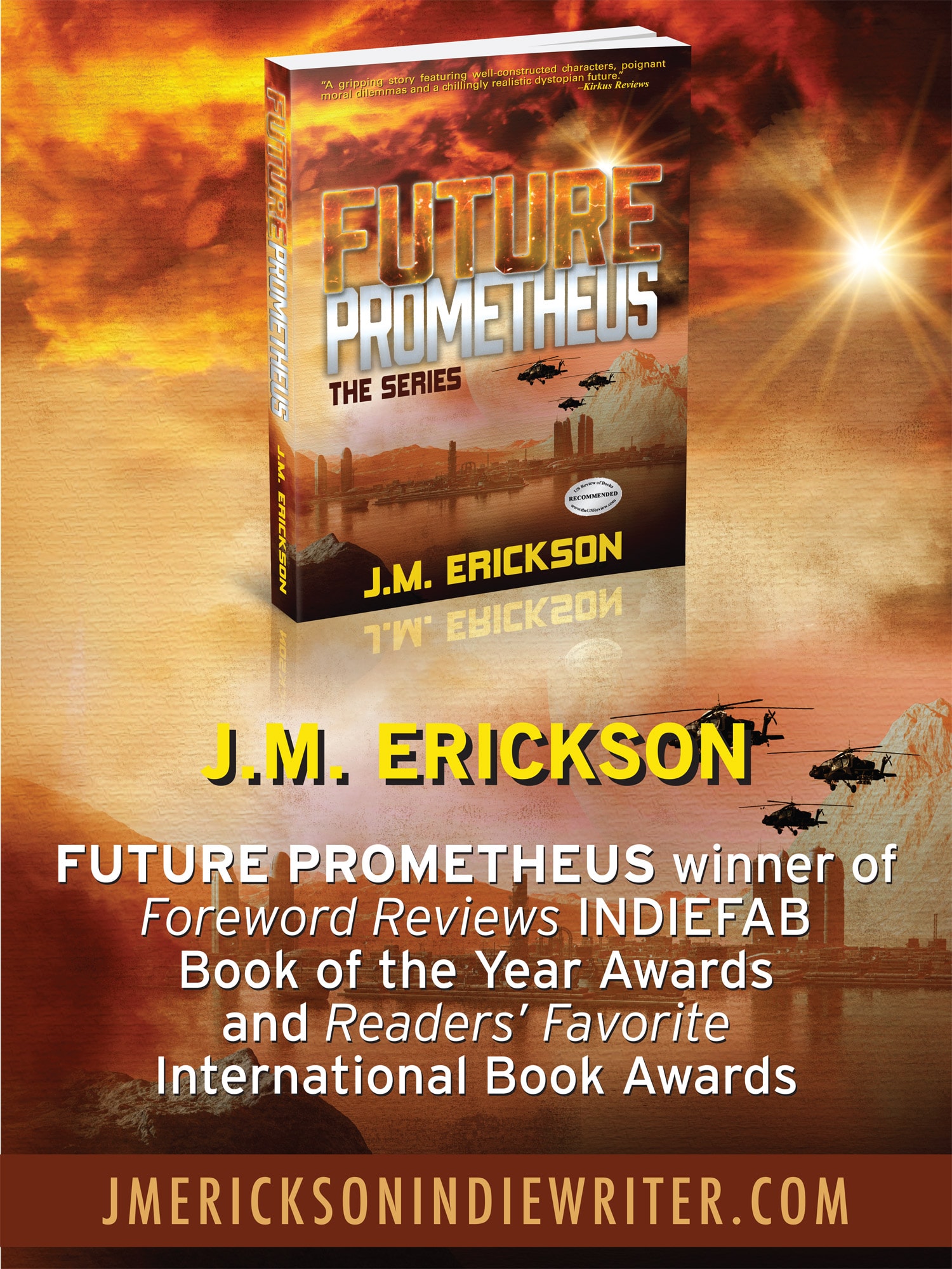 Future Prometheus: The Series — promotional poster featuring award callouts and Kirkus pull quote