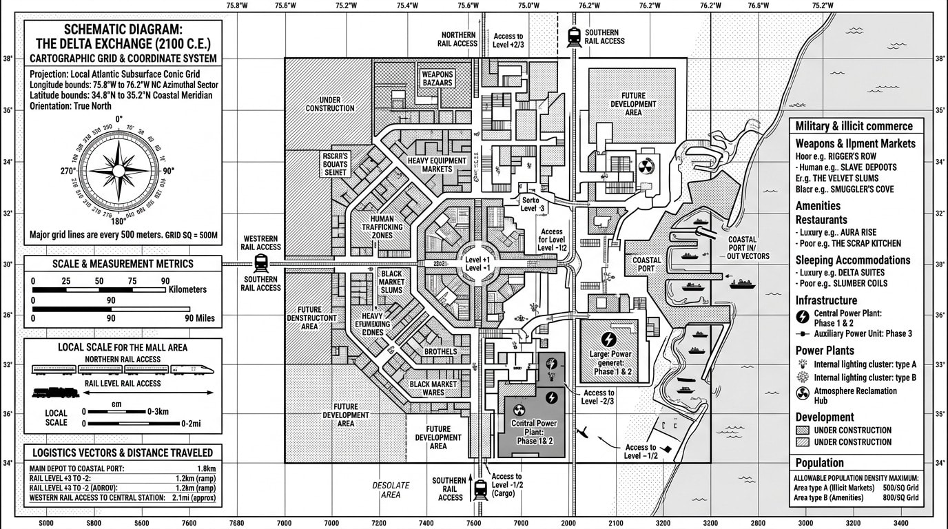 Schematic Diagram: The Delta Exchange (2100 C.E.) — Cartographic Grid & Coordinate System, Coastal NC